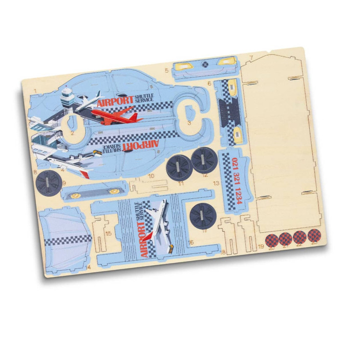 A wooden airport model kit featuring various planes and runway designs in blue, grey, and red colours.