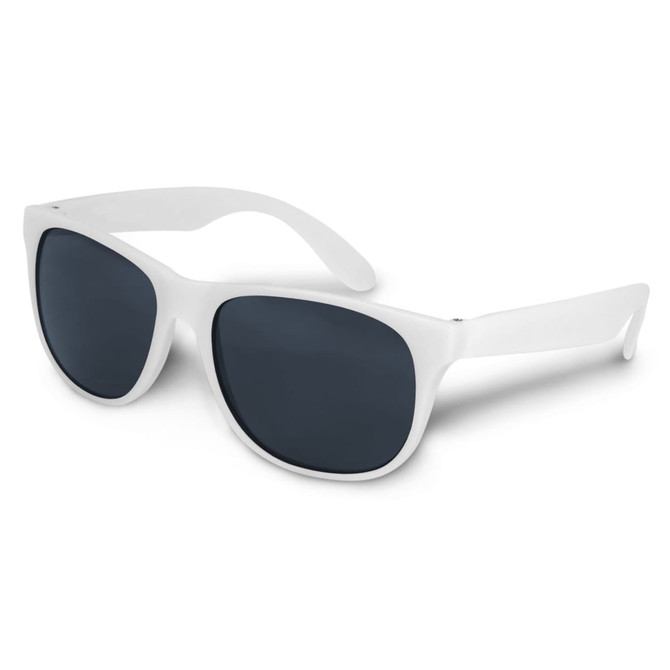 White sunglasses with dark lenses, featuring a simple design and a logo on the side. Ideal for outdoor leisure activities.