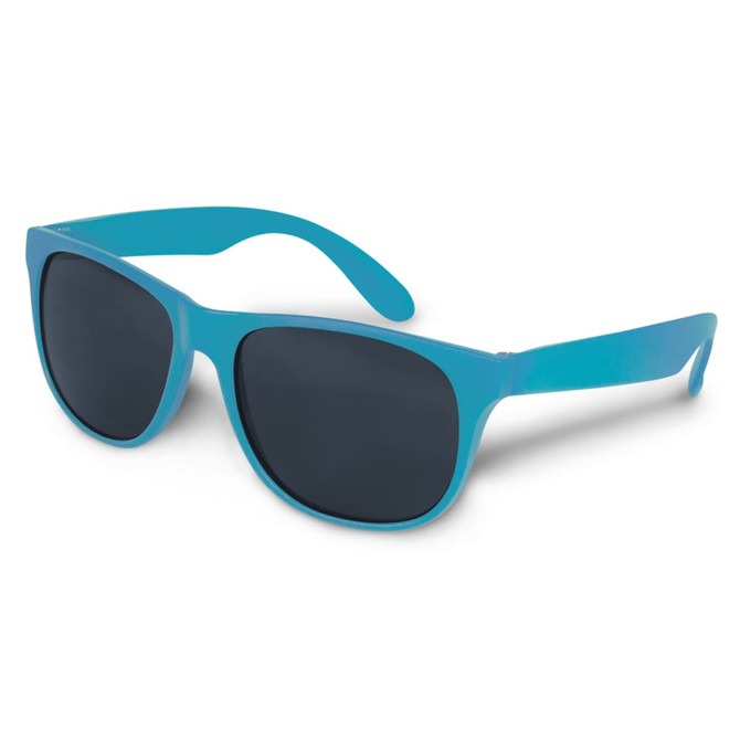 Turquoise sunglasses with dark lenses and a plastic frame, featuring a logo on the side.