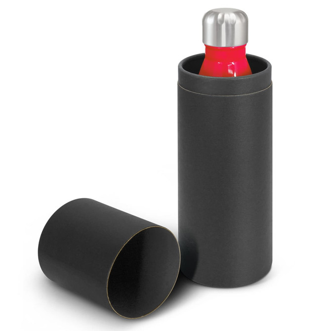 A drink bottle in a black cylindrical container, featuring a metallic silver cap and a vibrant red body.