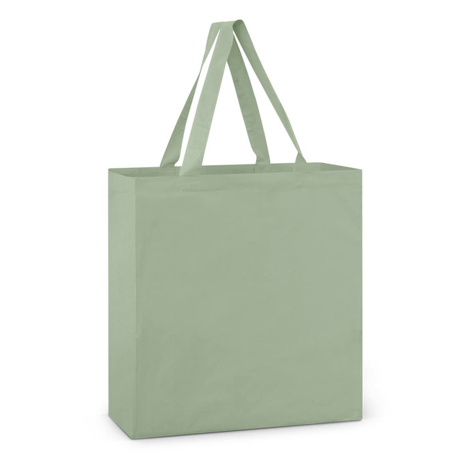 A green cotton tote bag with two sturdy handles and a simple design. It features a logo on one side.