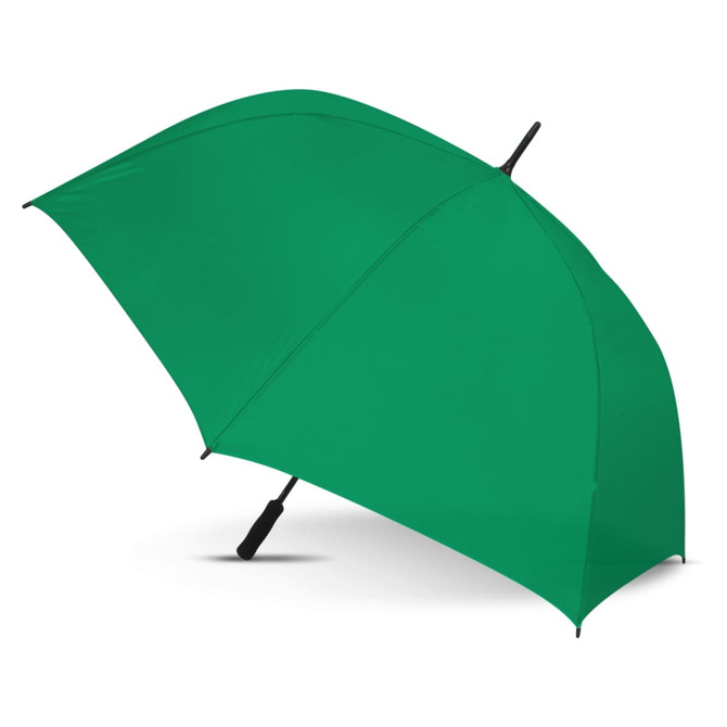 A green sports umbrella with a black handle and a logo. The umbrella features a wide canopy for coverage.