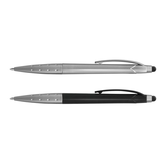 A metallic stylus pen set, featuring a silver pen with a black tip and a black pen, both with a logo.