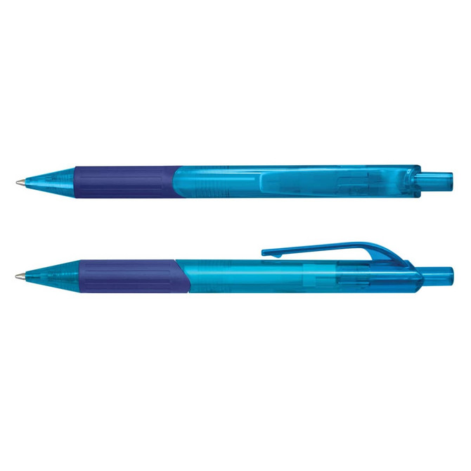 A transparent blue plastic pen with a purple grip and click mechanism. It features a pocket clip and has branding.