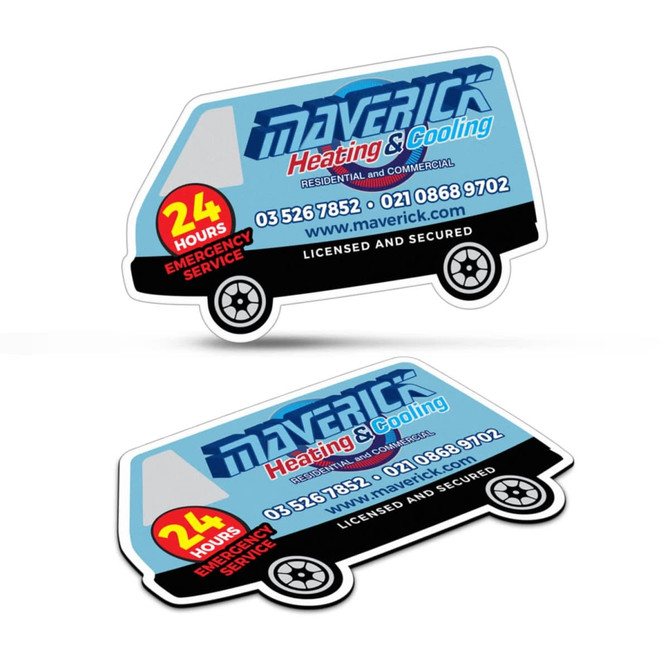 A van-shaped fridge magnet in blue and white with a logo, featuring contact details and emergency service information.