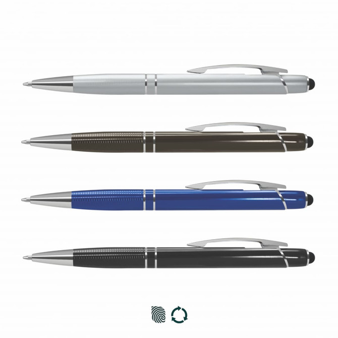 A collection of four stylus pens in silver, brown, blue, and black with silver accents and a logo.