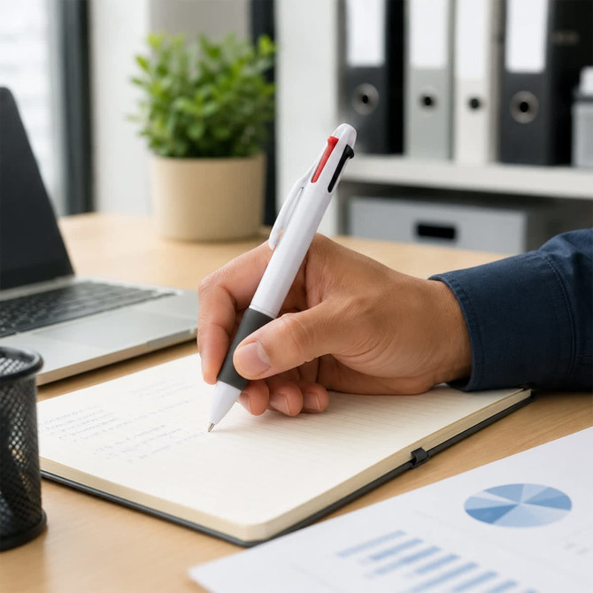 A sleek white pen with red and black accents is used to write in a notebook on a desk.