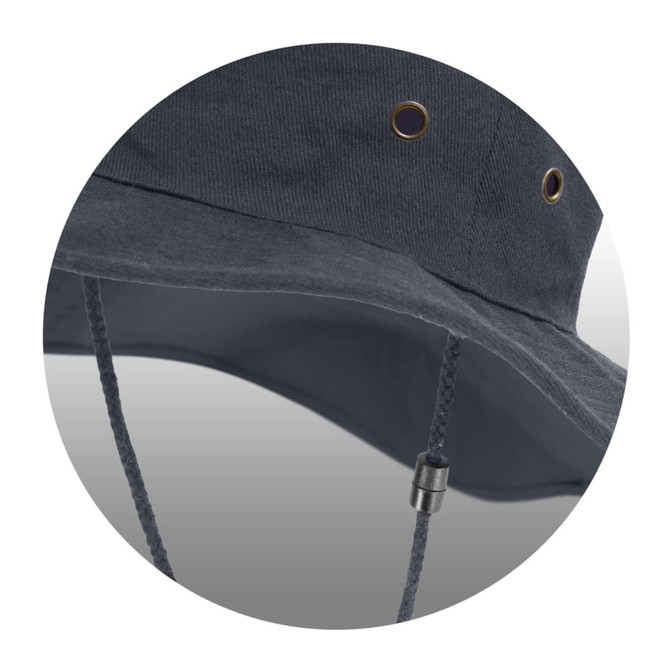 A grey wide brim hat with a drawstring and metal eyelets. It features a rounded brim and a soft fabric texture.