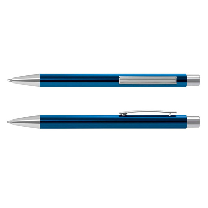A metal pen in blue with silver accents and a clip, featuring a sleek design and branding.