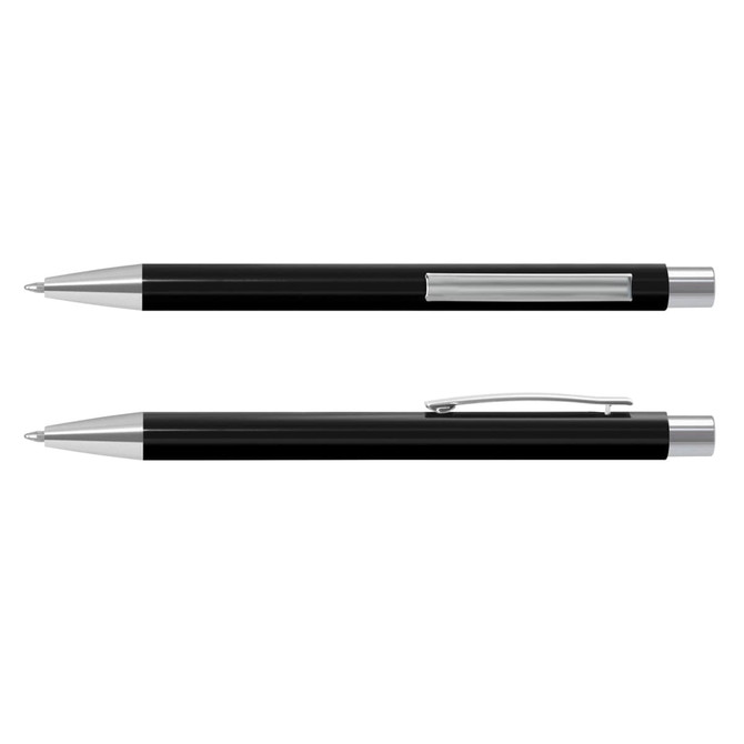 A black metal pen with a silver clip and tip, featuring a sleek design and a logo on the barrel.