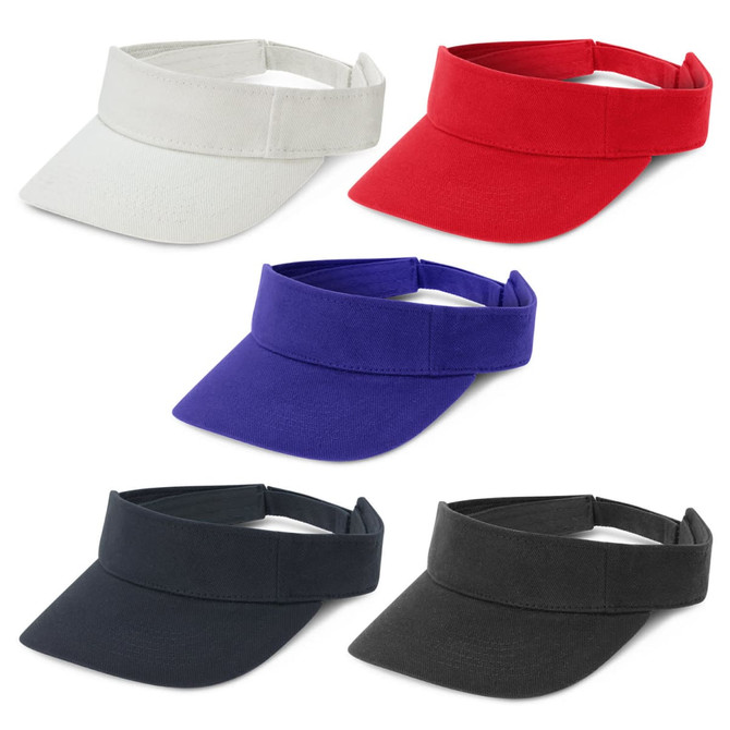 A range of sun visors in white, red, purple, and black, featuring a logo on each.