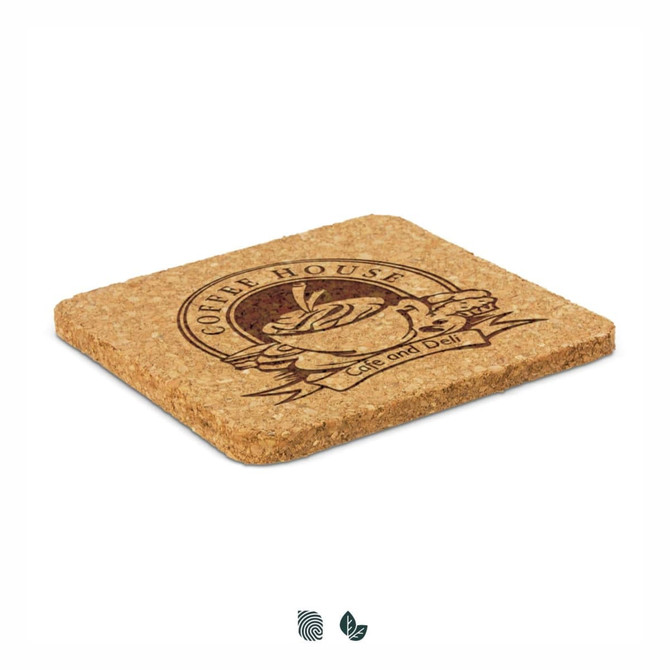 A square cork coaster featuring a coffee-themed design and a logo, with natural brown tones.