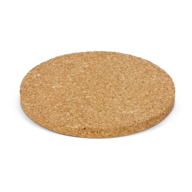 A round cork coaster in natural tan colour with a textured surface and a flat base, featuring a logo.