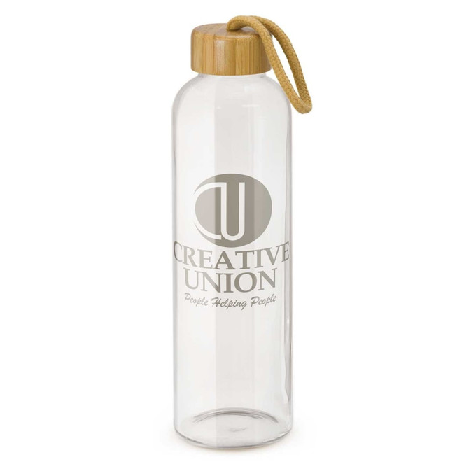 A drink bottle made of clear glass with a bamboo lid and a rope handle, featuring a logo.