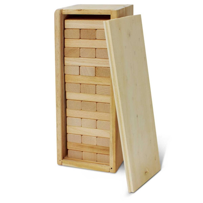 A wooden Tumbling Tower game set with neatly stacked blocks in a vertical storage box, featuring a removable lid.