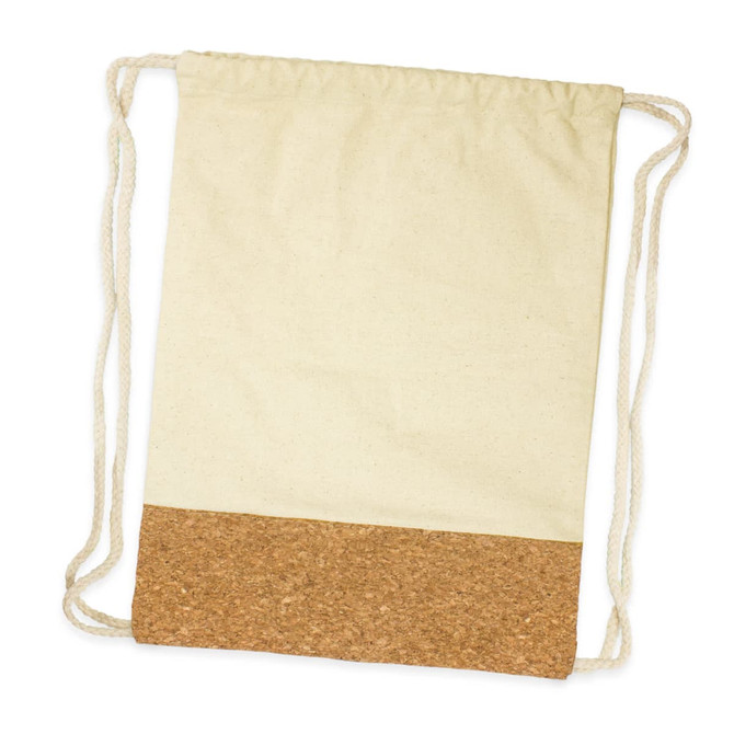 A drawstring backpack in cream fabric with a cork bottom, featuring white ropes. The design is simple and stylish.