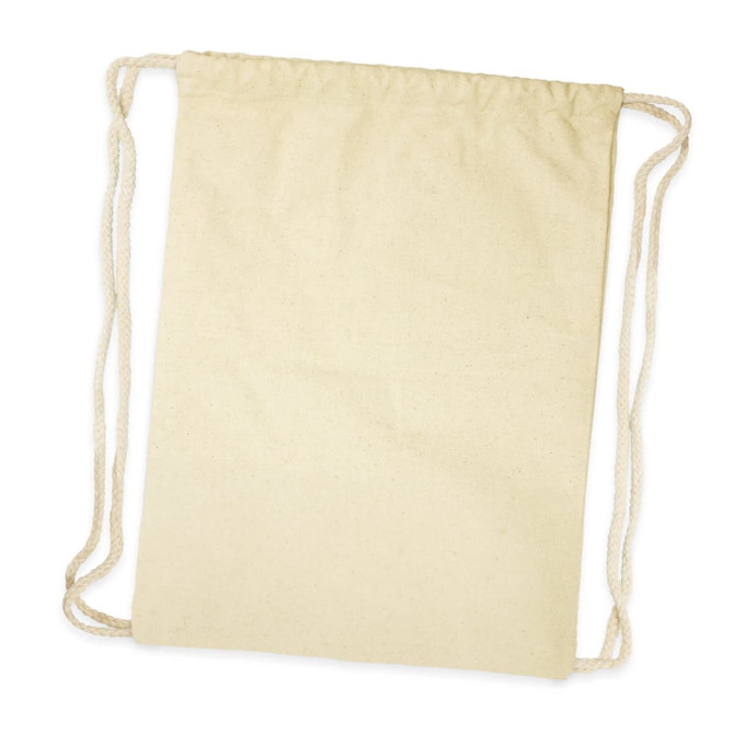 A beige drawstring backpack with two rope straps and a simple design. It features a logo.