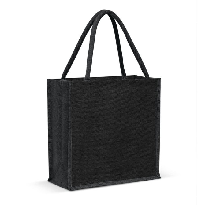 A black jute tote bag with long handles and a simple design, featuring a logo on one side.
