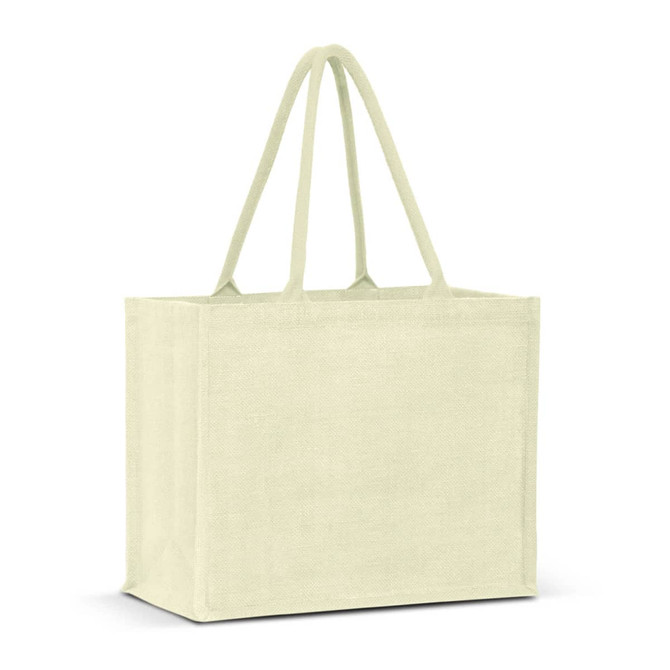 A light green jute tote bag with two handles and a simple design, featuring a logo.