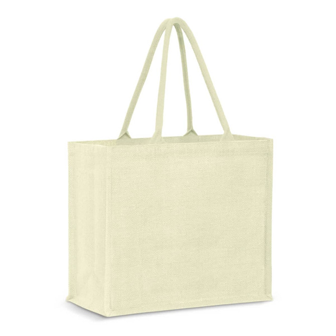 A light green jute tote bag with two handles and a simple design. Features a branding logo.