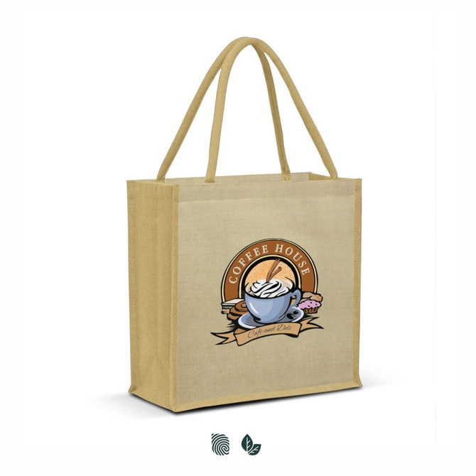 A beige tote bag with sturdy handles features a graphic of a coffee cup and pastries, complete with a logo.