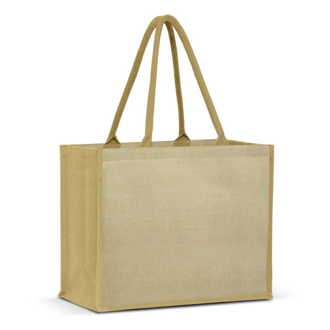 A tan jute tote bag with sturdy handles and a simple design, featuring a logo on one side.