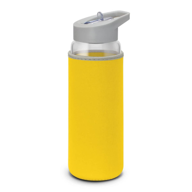 A drink bottle with a clear glass body and a bright yellow neoprene sleeve, featuring a grey cap and spout.