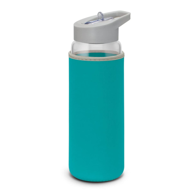 A drink bottle with a transparent glass body and a teal neoprene sleeve, featuring a grey lid with a spout.