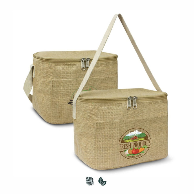 A beige cooler bag with a zip closure and an adjustable strap, featuring a logo on one side.