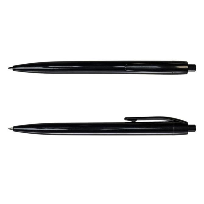A black plastic pen, featuring a sleek design, with a clip and a logo displayed.