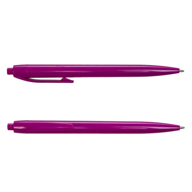 A purple plastic pen with a sleek design, featuring a clip and a ballpoint tip. The pen has a branding logo.