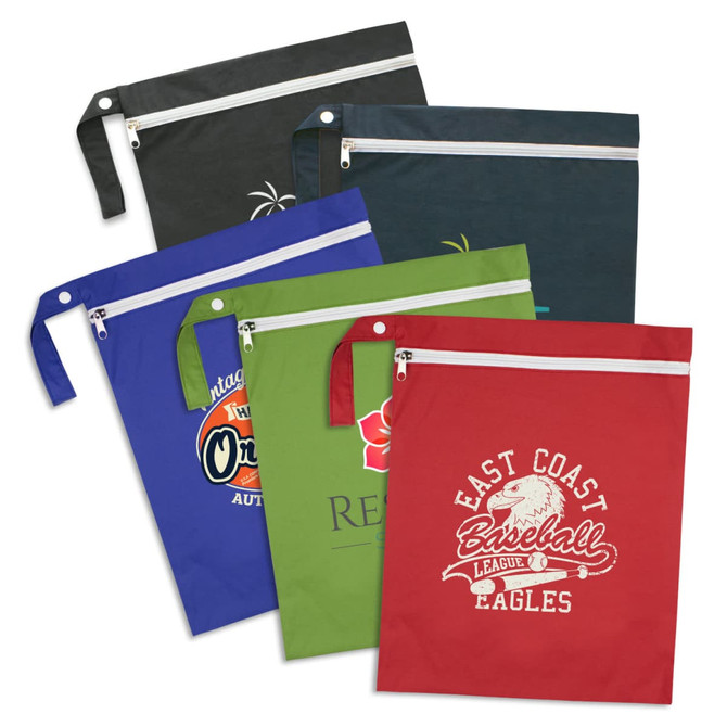 Five brightly coloured wet bags in red, green, blue, navy, and black, featuring various designs and a logo.