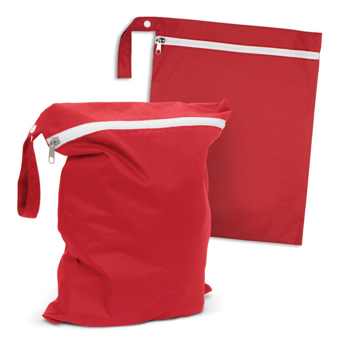 A red wet bag with a zippered closure, accompanied by a flat zippered pouch of the same colour.