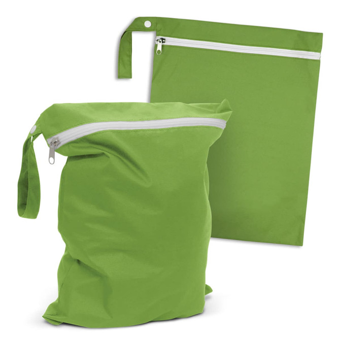 A bright green wet bag with a zippered closure and a handle, featuring a second flat bag in the same colour.