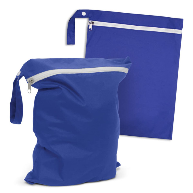 A blue wet bag with a zippered top and a smaller zippered pouch, both featuring handles.