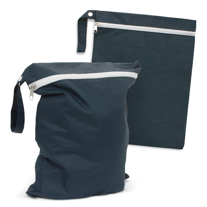 A set of dark green wet bags, one with a zipper and handle, the other a flat pouch with a zipper. Both feature a logo.