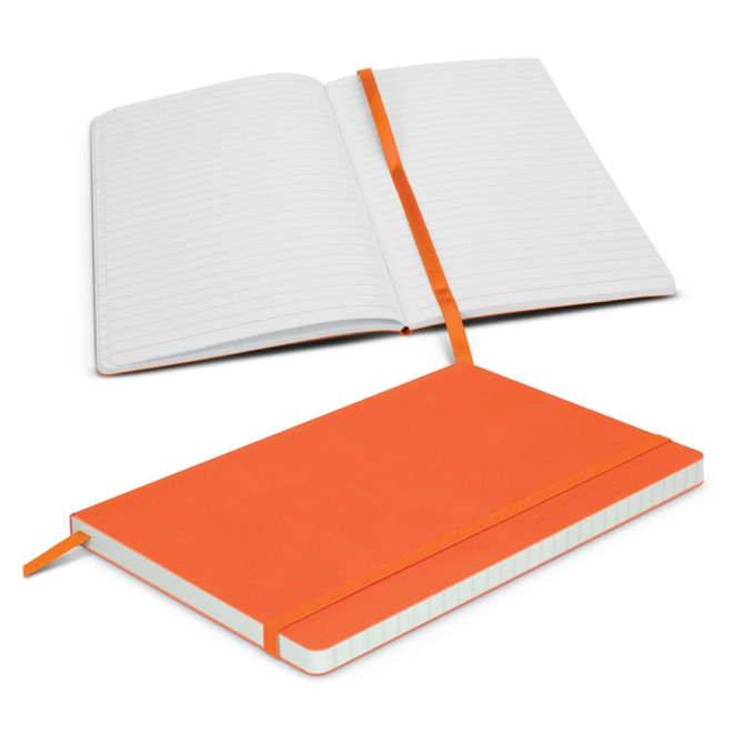 An orange notebook with a textured cover, featuring blank lined pages and a matching elastic closure.