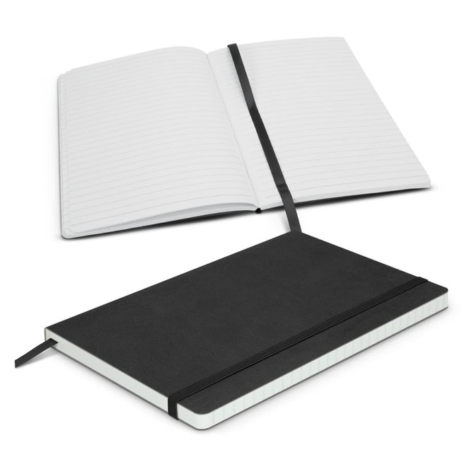 A black Hudson Notebook with lined pages, featuring an elastic closure and a ribbon marker.