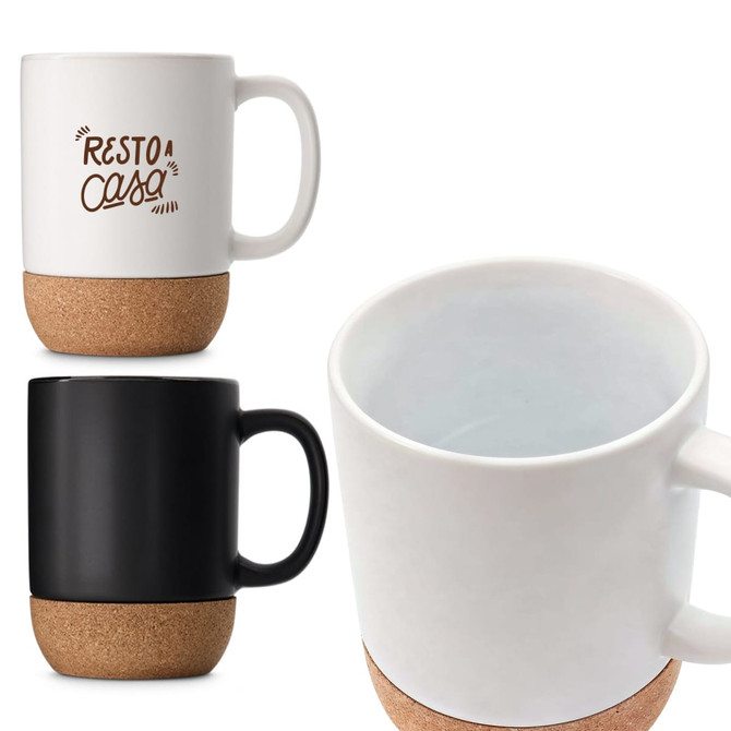 A ceramic mug with a cork base, available in white and black, featuring a simple design and a handle.