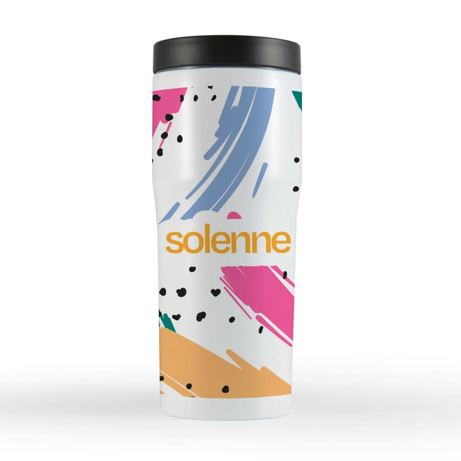 A drink bottle featuring a vibrant, abstract design with pink, blue, green, and yellow accents, and a black lid.