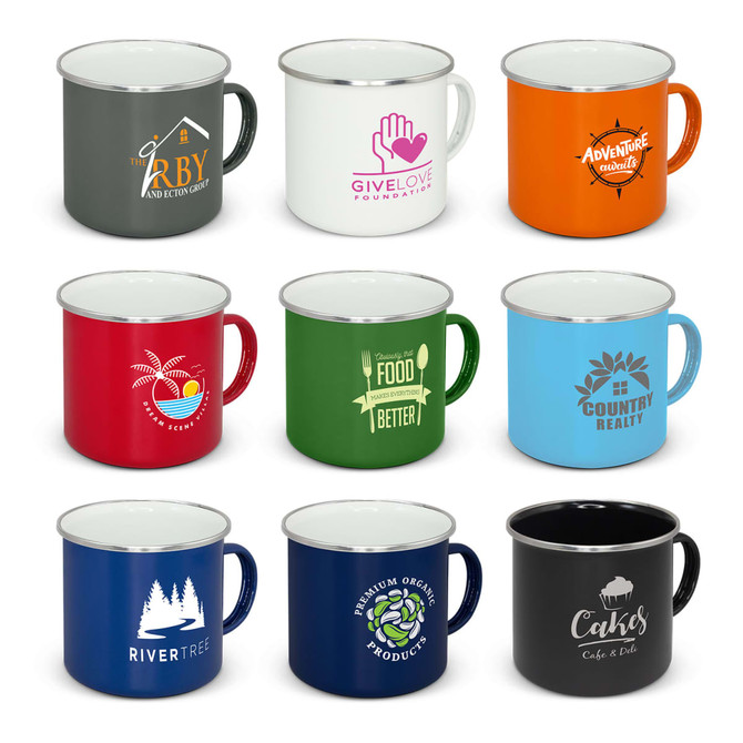 A set of nine enamel mugs in various colours, each with a unique logo and design.