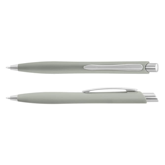 A green plastic pen with a silver clip and accents, featuring a smooth, modern design.