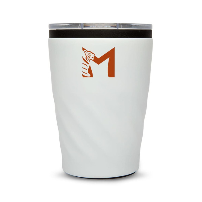A reusable coffee cup in white with an orange logo, featuring a textured design and a clear lid.