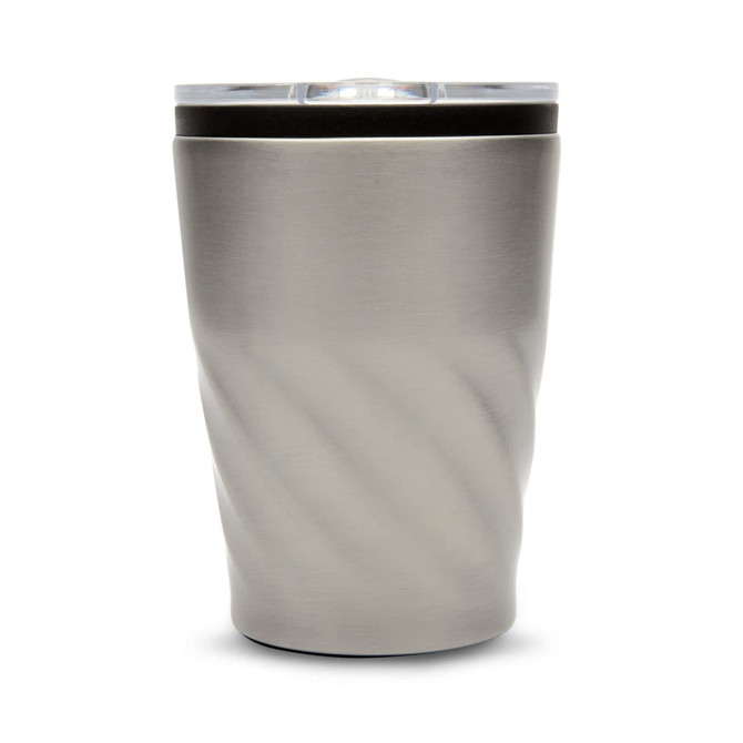 A reusable coffee cup in brushed stainless steel with a spiral design and a clear lid. Features a logo.