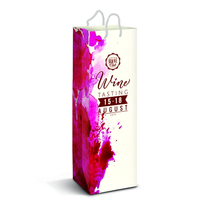 A wine bag featuring a white background with a pink and purple splash design and includes handles.