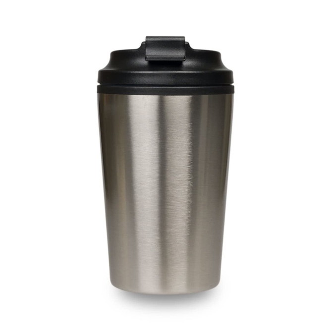 A stainless steel reusable coffee cup with a black lid and a sleek, brushed finish.