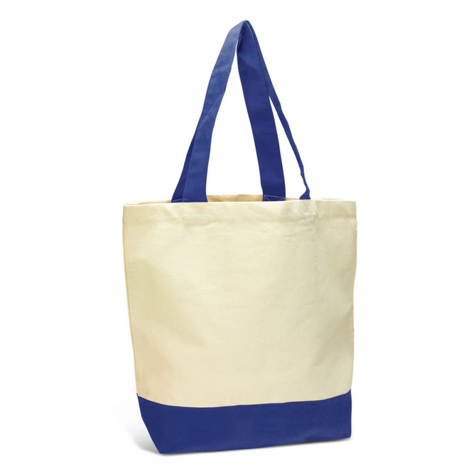 A canvas tote bag in cream with a navy blue base and matching straps, featuring a logo.