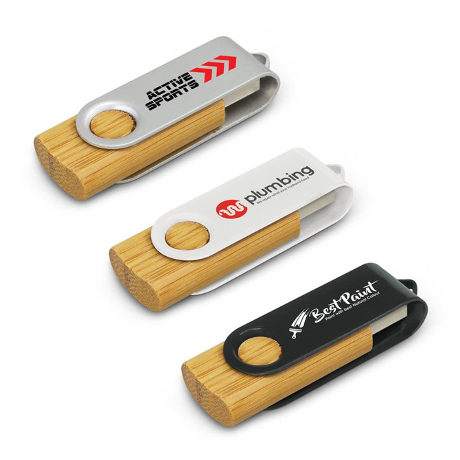 A set of three Helix 4GB bamboo flash drives in silver, black, and natural wood finishes, featuring various logos.