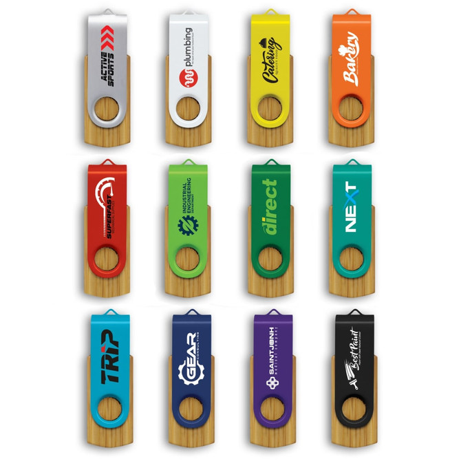 A collection of colourful bamboo flash drives in various designs and colours, featuring logos on each drive.