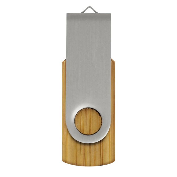 A bamboo flash drive with a silver metallic clip, featuring a round cut-out. It has a sleek and natural design.